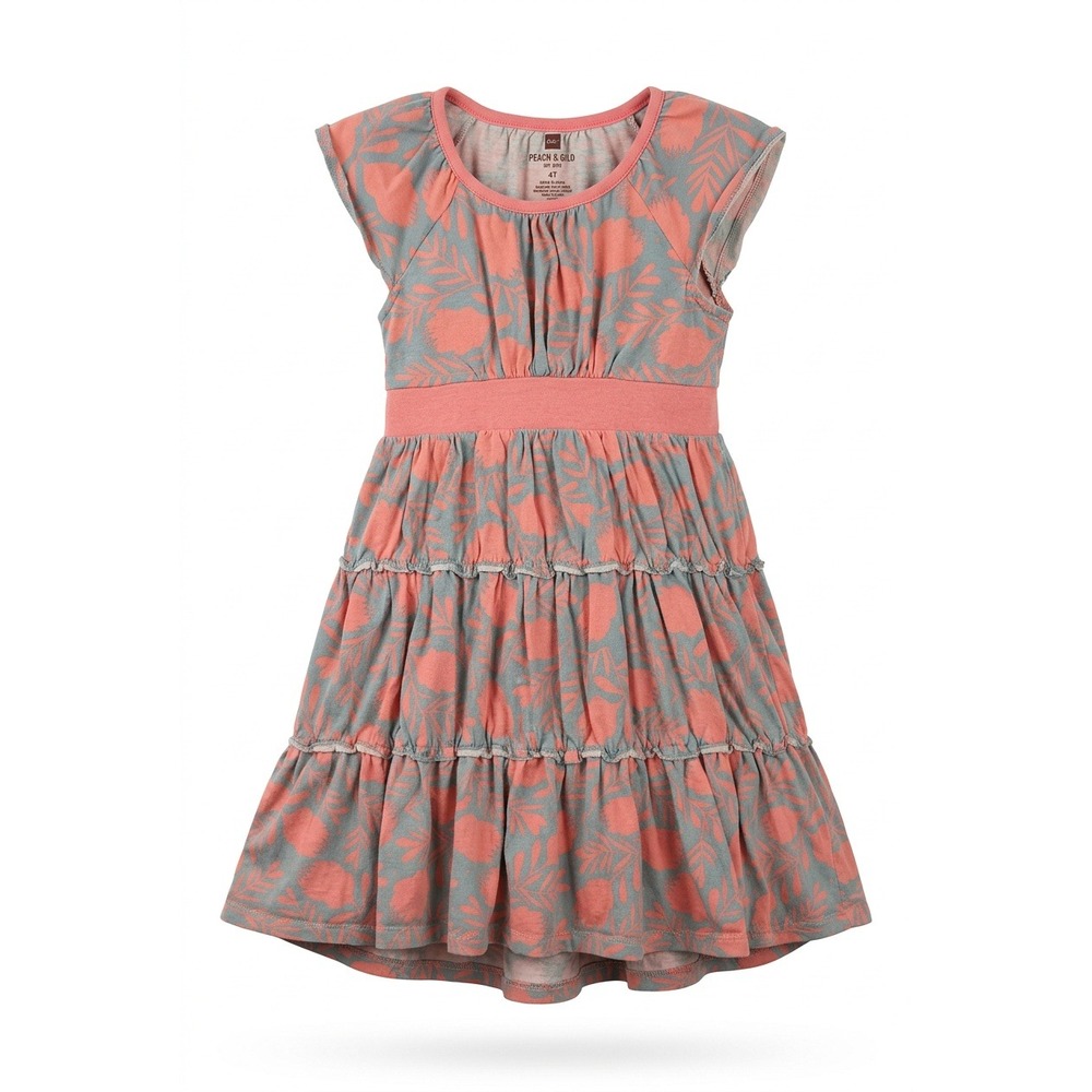 Tea Collection Girls Tiered Knit Dress Coral Pink And Gray Floral Print Size 7